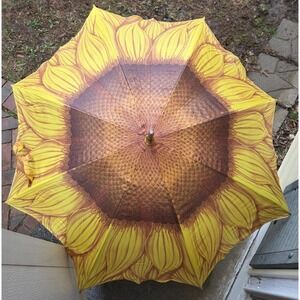 Vintage Sunflower Flower Wood Crook Umbrella Yellow 35"